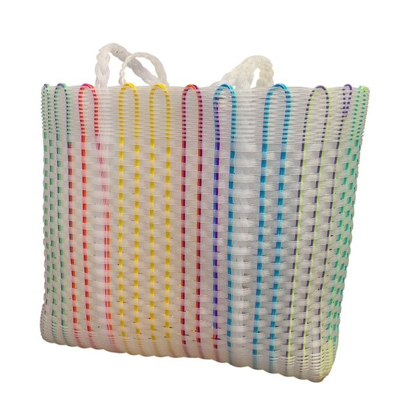 Squeeze De Citron Woven Tote Bag With Rainbow Stripes & Pom-Pom Keychain - Picture 5 of 7